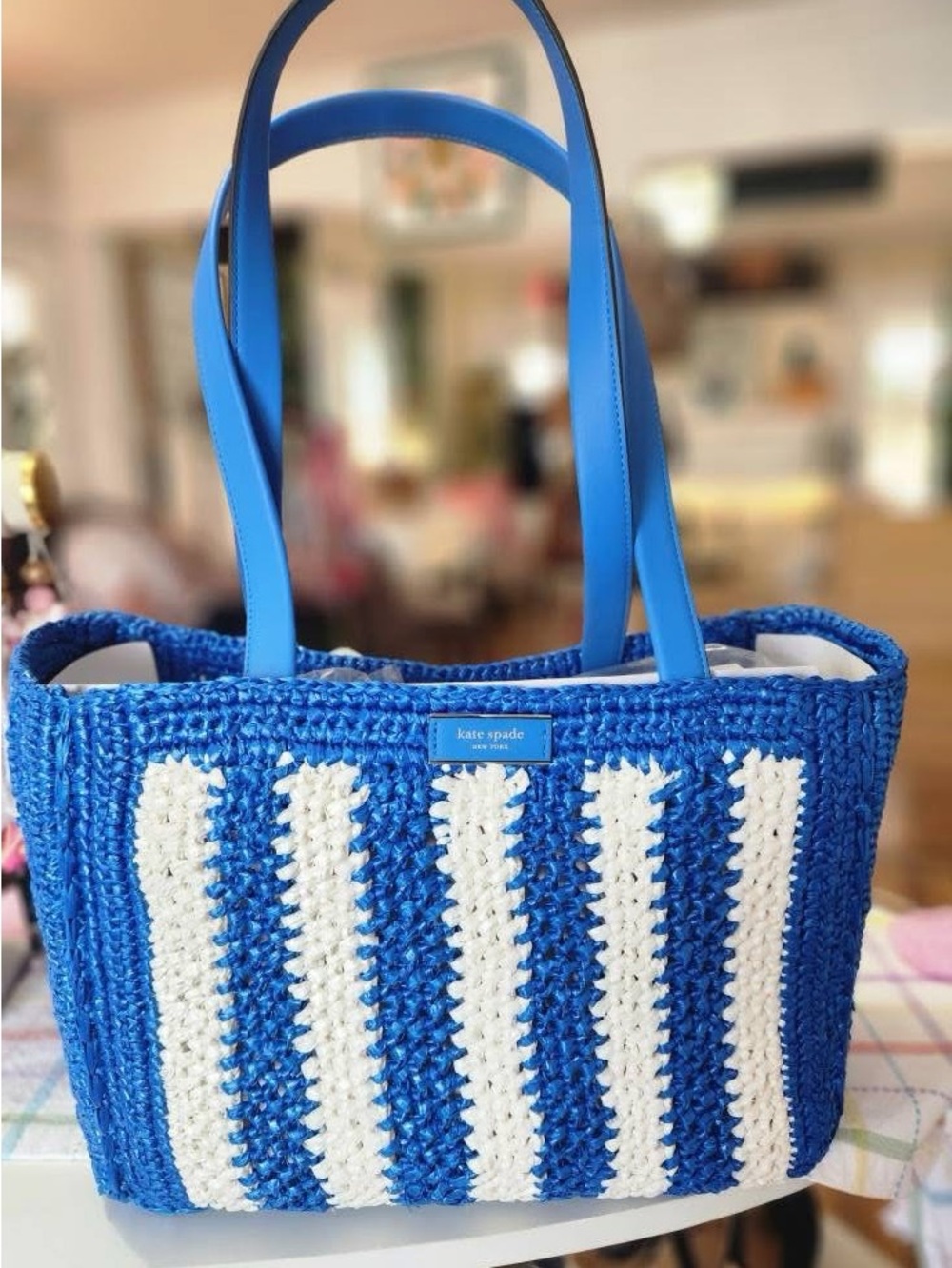 kate spade Blue and White Crochet Stripe Tote